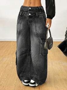 SHEIN 少女休闲水洗低腰阔腿工装牛仔裤 - 黑色 - 查看 5