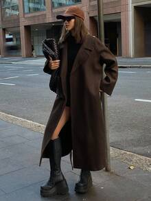 DAZY Áo khoác ngoài nữ thời trang, đa năng, màu trơn, có thắt lưng, thích hợp cho mùa thu/đông. - màu nâu - Xem 1