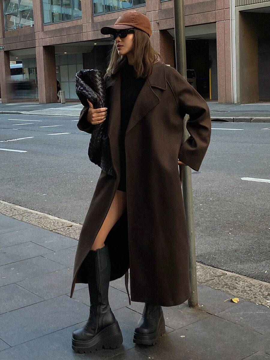 DAZY Áo khoác ngoài nữ thời trang, đa năng, màu trơn, có thắt lưng, thích hợp cho mùa thu/đông. - màu nâu - Xem 1