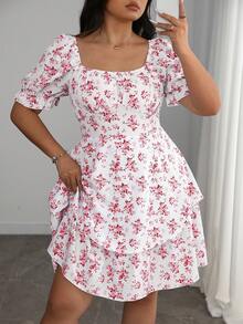 Elenzga 大码女式法式优雅夏季蓝白碎花双层荷叶边短袖连衣裙 - 紅白色 - 查看 6