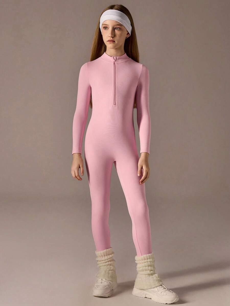 SHEIN Tween Girls Pink Half Zip Jumpsuit, Long Sleeve With Long Pants, High Stretch Fitted Turtleneck Jumpsuit - Pink - View 1