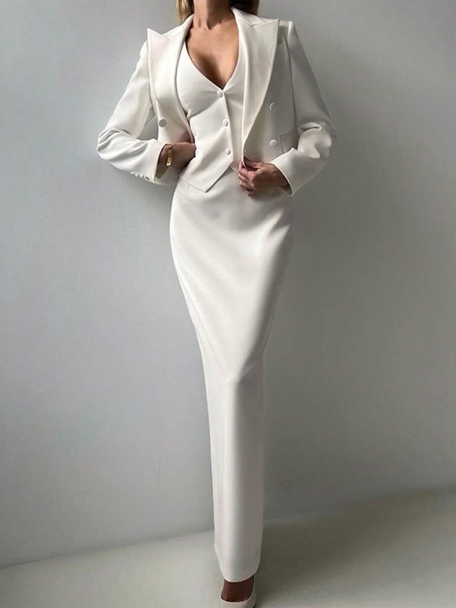 Lavishia Women's Elegant 3 Pieces Suit Set: Blazer,Vest,And Skirt White Summer Classy Formal Outfit For Wedding Guest,Daily Commute,Outing,And Social Events - Beige - View 1