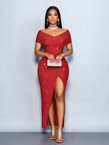 SOLERSUN 女士秋冬新款优雅纯色交叉褶皱露肩褶皱细节开衩不对称下摆长裙，休闲简约欧美时尚优雅宴会派对礼服，女士高贵连衣裙，女士礼服，优雅婚礼宾客礼服，女士正式优雅连衣裙，新年女士服装，圣诞节服装 - 紅色 - 查看 7