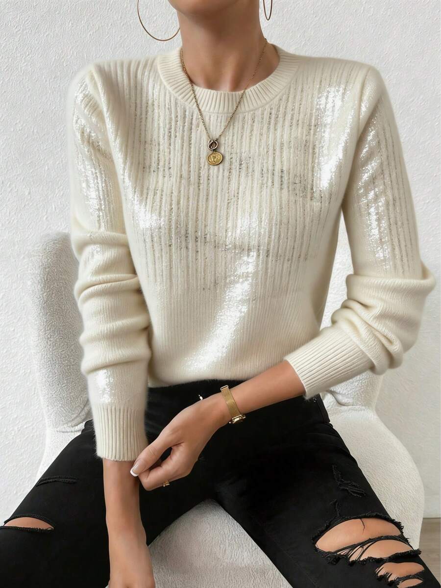 Suéter de Jersey de color brillante para mujeres - material acrílico, textura lisa, tejido cálido y cómodo, adecuado para el ocio diario en otoño e invierno, salir a la calle y usarlo - Dorado - Ver 1