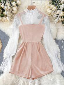 GlowEve Spring/Summer Latest Black Long Sleeve Lace Trim Elegant Fitted Design Gold Button Velvet Jumpsuit, Women Winter, Christmas, New Year Outfit - Baby Pink - View 2