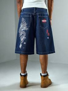 ROMWE MEN Anime Quần short denim dáng rộng, thường ngày có túi thêu họa tiết chữ dành cho nam - Màu xanh lam - Xem 3