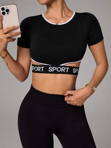 Dewbera Women's Casual Sports Letter Tape Short Sleeve Cropped T-Shirt - Black - View 4