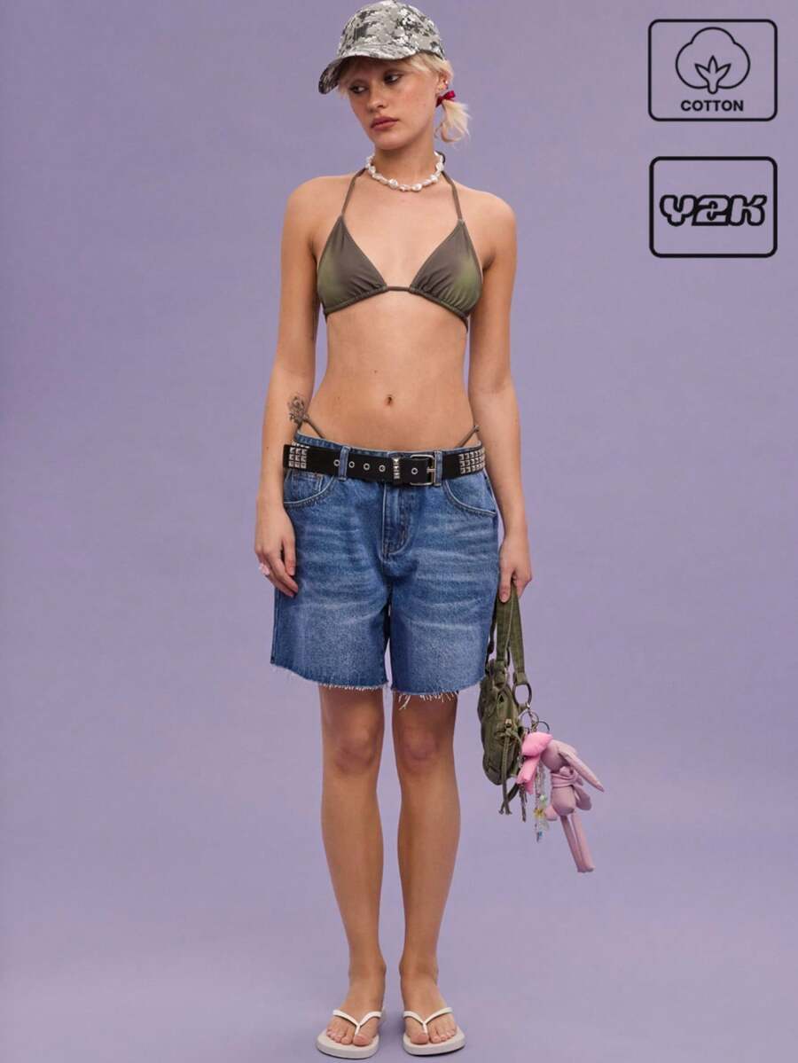 COUREZ 低腰宽松短裤，蓝色水洗，Y2K风格，夏季女装/休闲复古棉质 - 中等水洗藍 - 查看 1