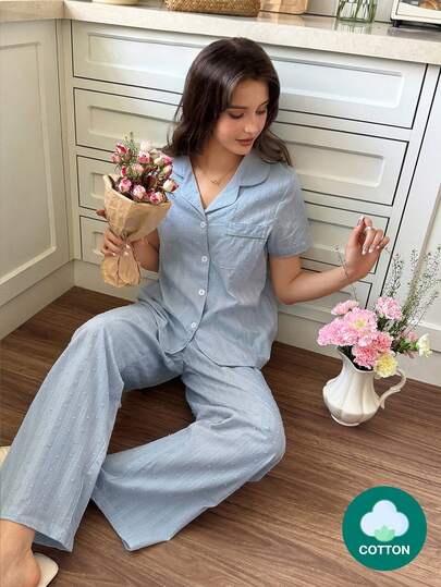 Snug Reverie 2pcs Women 100% Cotton Jacquard Romantic Fresh Blue Short Sleeve Pajama Set Light Blue Pajama Set Light Blue Pj Set