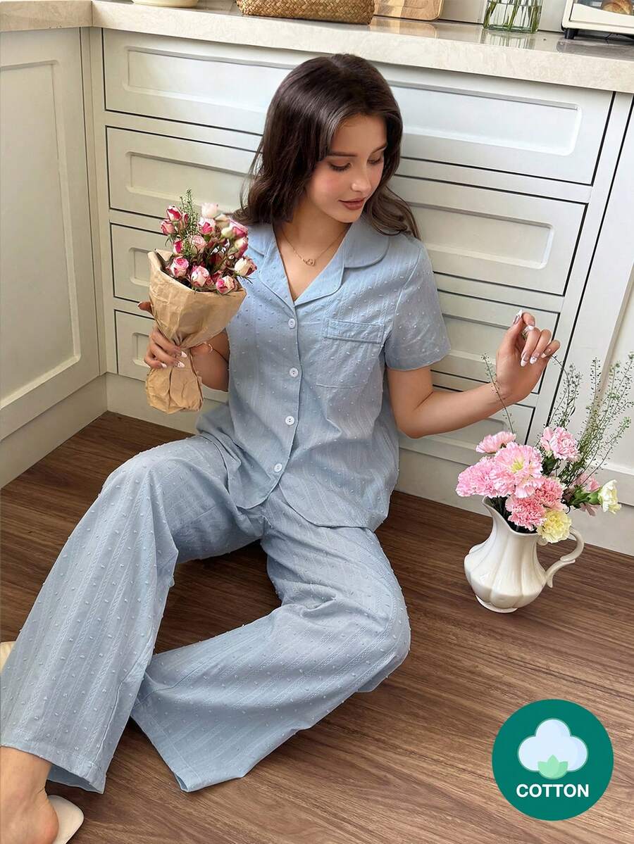 Snug Reverie 2pcs Women 100% Cotton Jacquard Romantic Fresh Blue Short Sleeve Pajama Set Light Blue Pajama Set Light Blue Pj Set - Baby Blue - View 1