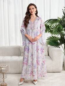 Al Najma Women's Floral Embroidery V-Neck Flare Sleeve Elegant Arabic Style Dress - Multicolor - View 5