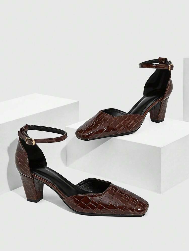 CUCCOO SZL Women's Glossy Crocodile Embossed Leather Square Toe Adjustable Buckle Chunky High Heel Pumps, Suitable For Work And Commute