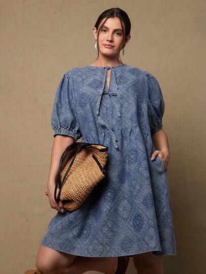 Freevana 大码波西米亚风腰果花佩斯利图案提花蓝色牛仔连衣裙，正面系带蝴蝶结，带口袋，短款连衣裙，早春新品