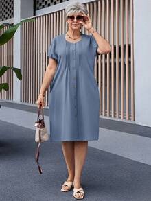 EMERY ROSE Plus Size Women's Casual Everyday Commute Simple Solid Color Bubble Sleeve Oblique Pocket Fold Pleated Loose Dress, Summer - Blue - View 5