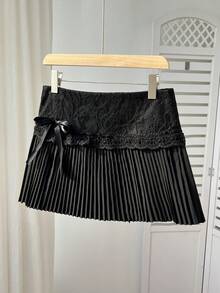 Elamini Chân váy nữ màu đen xếp ly, phối ren tương phản, thắt dây bên hông, kiểu dáng thanh lịch Y2K, gợi cảm, thích hợp cho kỳ nghỉ, dự tiệc. - màu đen - Xem 4