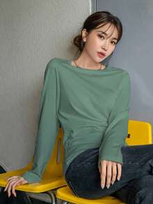 DAZY Áo thun dài tay cổ tròn raglan màu trơn, dáng rộng, phong cách tối giản thường ngày. - màu xanh lá - Xem 5