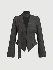 Radiana 大码女装秋冬三件套复古通勤黑色千鸟格羊毛套装：修身西装外套+低腰裙+围巾（带垫肩）；粗花呢两件套；黑色西装外套和裙子套装；复古优雅。 - 黑色 - 查看 6