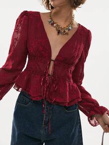 Poéselle 女士纯色深V领扭结前襟长袖上衣 - 玫瑰紅 - 查看 3