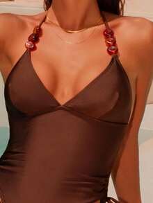 Swim Chiccia 女士棕色V领串珠度假连体泳衣 2026夏季女装沙滩装优雅休闲夏季度假装棕色泳衣女士棕色全包臀泳装休闲泳衣 - 彩色 - 查看 4