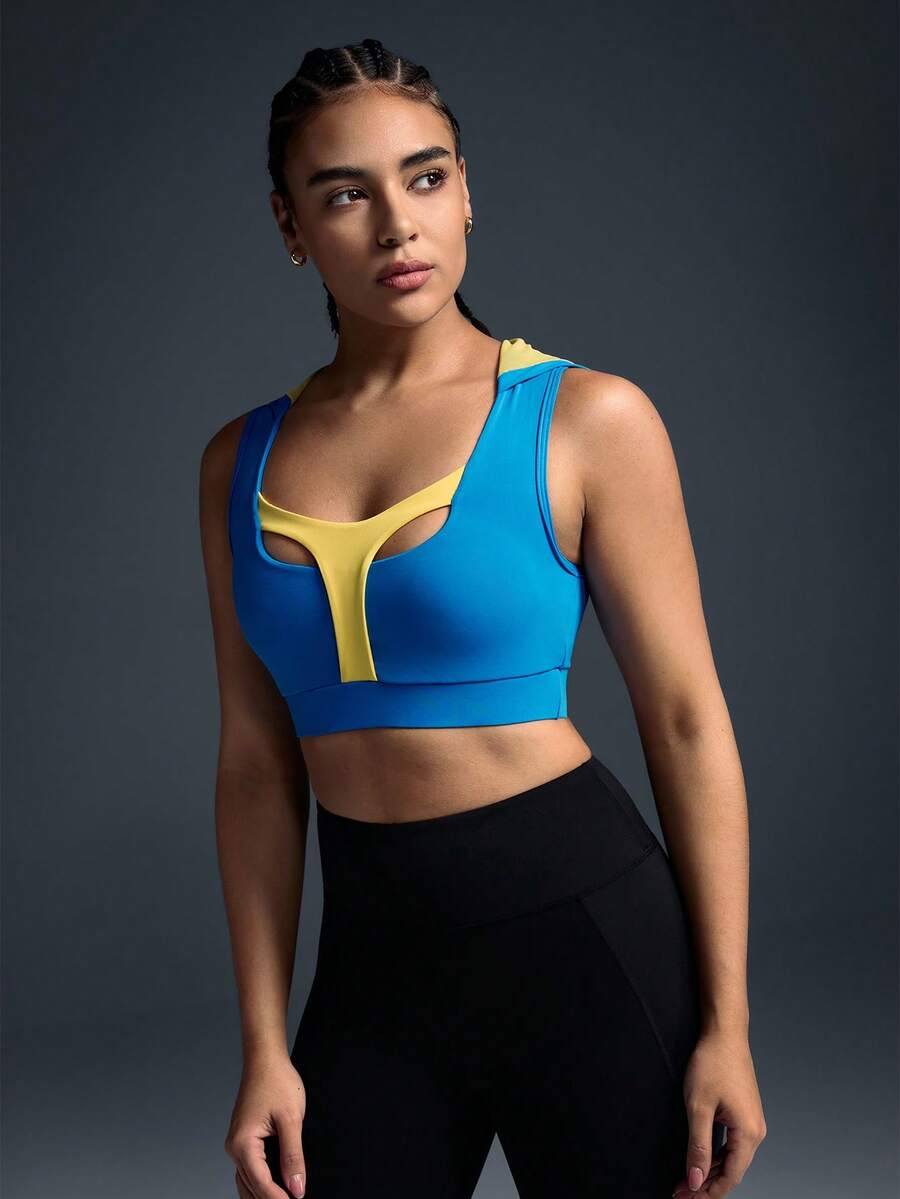 Powerista Damen Kontrast-Farbblock Sport-BH mit breiten Trägern für Fitness & Laufen - Königsblau - Übersicht 1