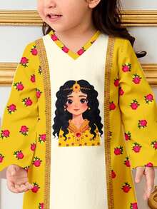 SHEIN Cute Cartoon Girl Red Rose Print Pattern Young Girl Casual Dress, Suitable For Spring And Summer - Multicolor - View 5