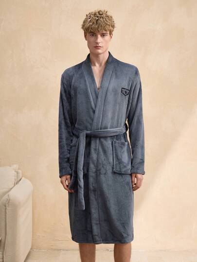 EverLounge Men's Bathrobe With Tie Design, Pockets, And Emblem Decor, Soft And Fluffy Fabric, Suitable For Comfortable Home Wear