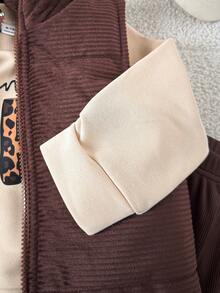 SHEIN Playful Pals 3pcs/Set Baby Girl Unisex Infant Toddler Autumn/Winter Corduroy Padded Vest + White Round Neck Printed Sweatshirt And Elastic Waist Pants, Suitable For School, Casual, Sports, Home, 6M-3T, Children Set, Infant Clothing, Baby Vest Fall Girls Clothes Brown Toddler Outfit Girl Girl Clothes Sets 6M-3T