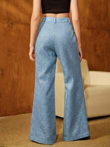 Anewsta Women's French Tweed Sequin Pearl Tassel Ribbon Elegant Metal Buckle Christmas Flare Pants, Suitable For Commuting - Baby Blue - View 3