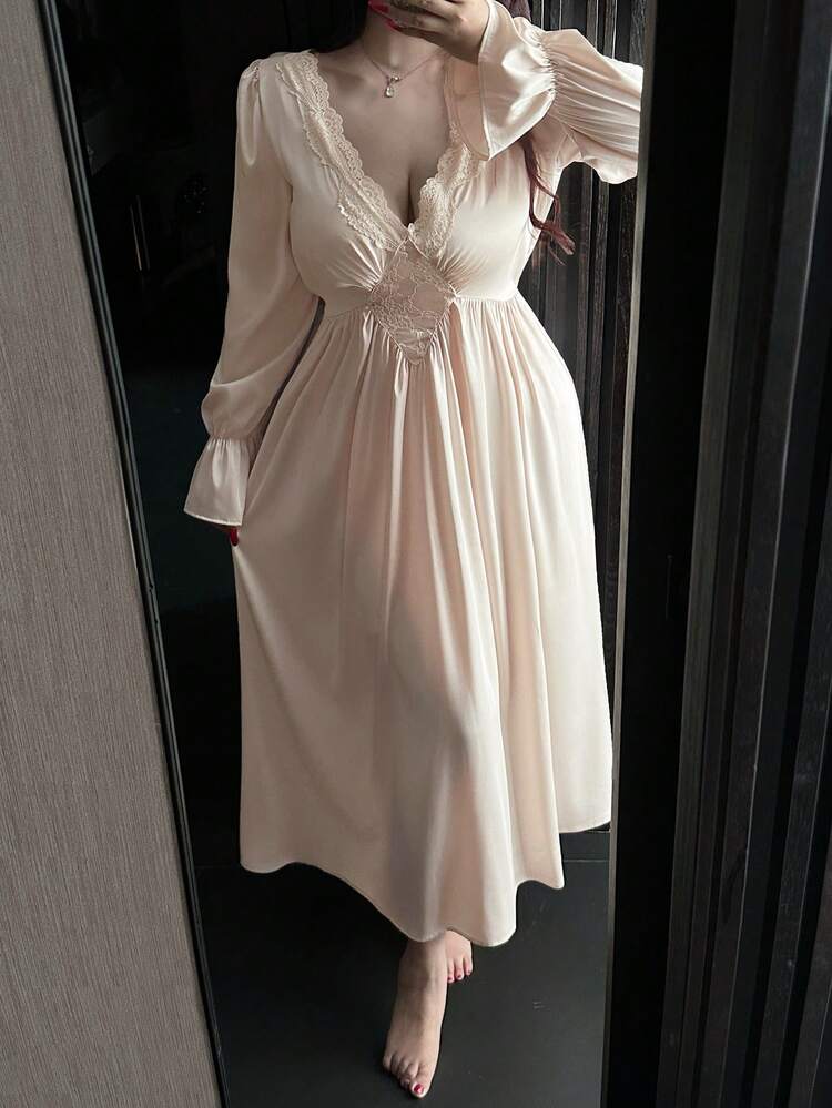 Dazy Plus Satin Contrast Lace V-Neck Sexy Flare Sleeve Long Nightgown