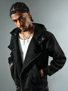 ROMWE MEN Goth Men's Casual Versatile Airplane Buckle Zipper Hoodie - Black - View 4