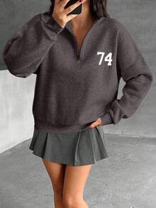 74 Chest Embroidered Snow Melange Zipper Detailed Sweatshirt