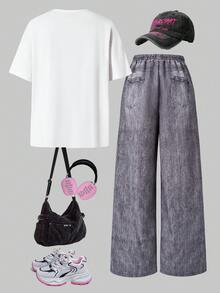 SHEIN ChillGRL 2件套女童可爱星形图案圆领短袖上衣和仿牛仔蓝色长裤春夏套装 - 彩色 - 查看 2