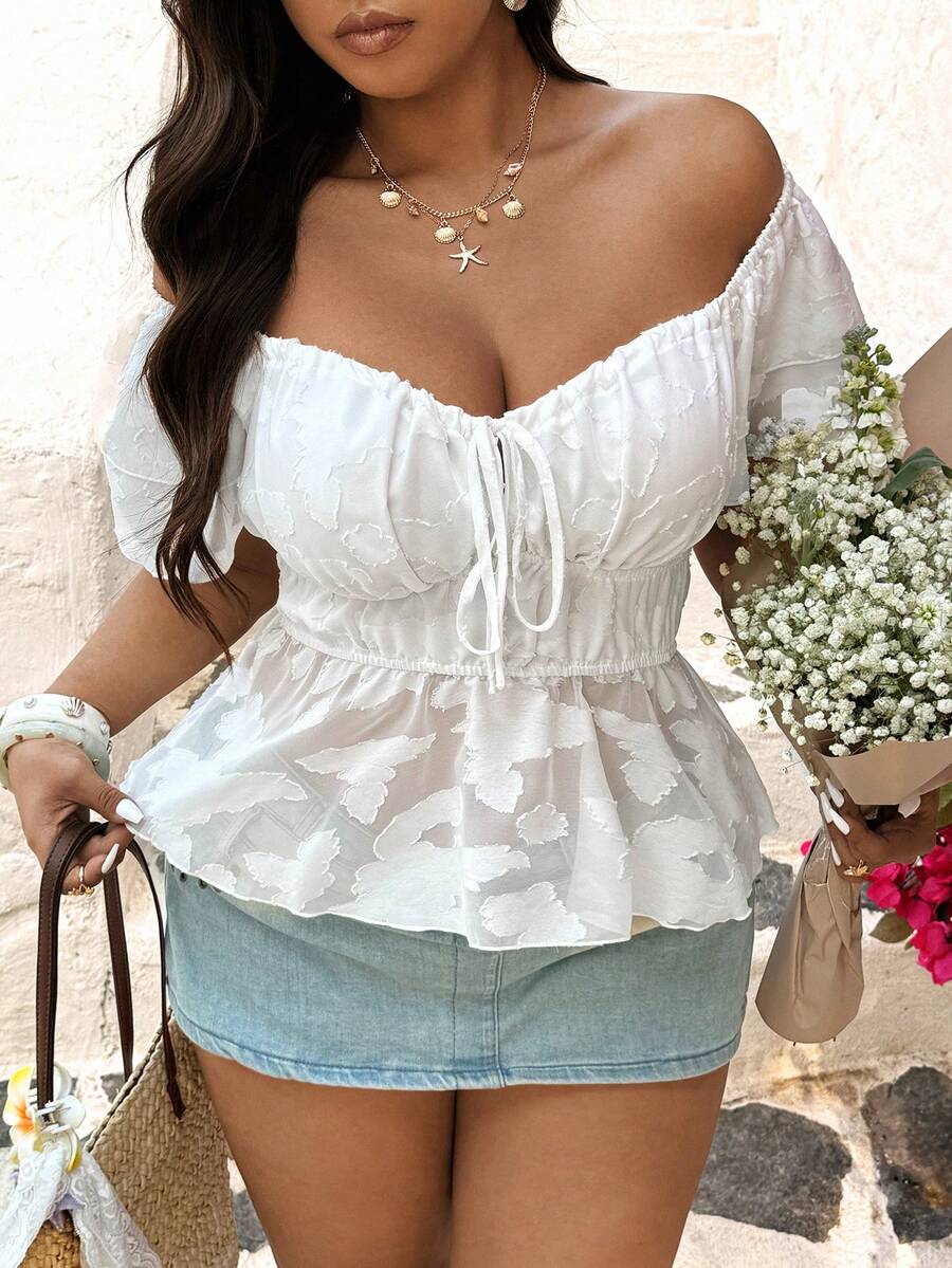 Sunnyshic Áo kiểu nữ cỡ lớn, màu trơn, kiểu dáng thường ngày, có phần khoét trước, thắt nơ, tay bồng. - trắng - Xem 1