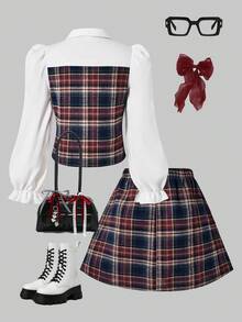 少女格子领泡泡袖开衫搭配松紧腰百褶裙，学院风，适合春、秋、冬季穿着。 - 藍色 - 查看 2