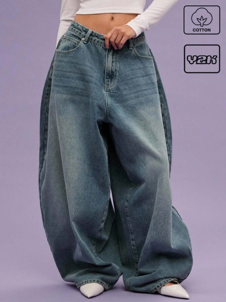 COUREZ 低腰宽松牛仔裤，浅蓝色水洗，街头休闲，Y2K风格，休闲音乐节风格，棉质牛仔布，复古棉质 - 藏蓝色 - 查看 1