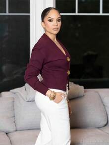 Melissa Matos 女士时尚休闲简约不对称纽扣针织开衫，精致设计毛衣上衣 - 酒紅色 - 查看 3