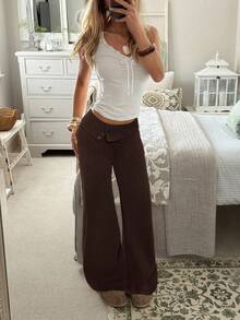 CovetEZ 女士休闲纯色低腰喇叭针织裤 - 巧克力棕 - 查看 3