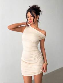 SHEIN EZwear 杏色针织性感优雅单肩修身连衣裙（女款） - 杏色 - 查看 5