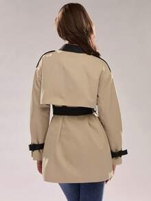 Glamine Contrast Color Decor Vintage Casual Daily Wear Women Trench Coat Work - Khaki - View 4