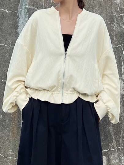 FRIFUL Women's Solid Color Minimalist Casual Long Sleeve Regular Jacket