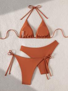 Swim Basics 3件套女士纯色度假沙滩泳衣套装 - 橘色 - 查看 2