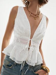 Poéselle Women's Fashion Vacation Casual Tie-Up Ruffle Hem Camisole,White Embroidered Peplum Top - Tie Front Lace Tank With Floral Details For Boho Summer Outfits,Spring Outfit ,Spring To Summer,French Style Top - White - View 8