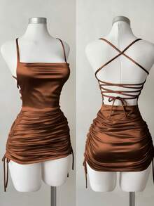 Franclia Minimalist Spaghetti Strap Ruched Decor Plunging Neckline Women Dress - Khaki - View 2