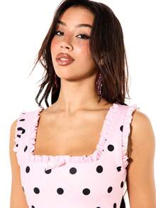 SUMWON WOMEN 波点荷叶边无袖方领迷你连衣裙，层叠荷叶边和露背设计，适合夏季情人节派对穿着 - 粉色 - 查看 4