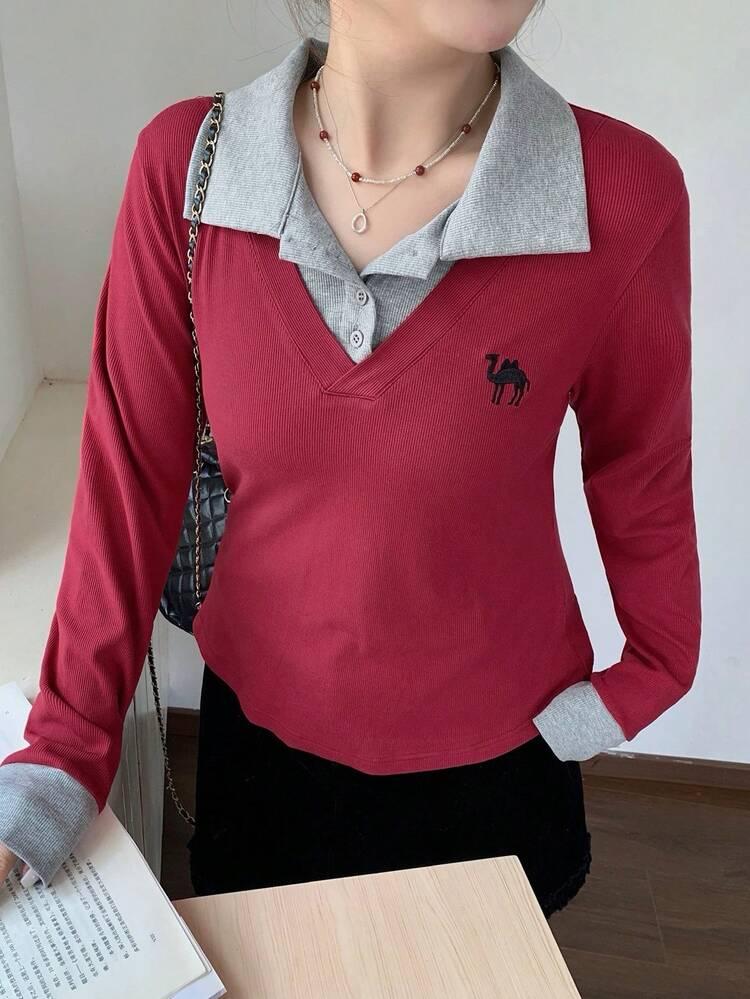 Dazy Plus Valentine Color Block Splicing Shirt Collar 2 In 1 Fashionable Casual Fitted Long Sleeve Red Plus Size Women T-Shirt