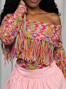 SHEIN Slayr 冬季新款，圣诞节，新年，婚礼季，情人节，生日派对，毕业季，日常出行，基础款，百搭款，休闲度假，邮轮旅行，休闲优雅，通勤，街头风，欧式风，简约风，甜辣美式风，Y2K 女士假日时尚百搭彩色流苏针织露肩上衣，修身短款百搭优雅女士毛衣 - 彩色 - 查看 2