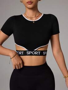 Dewbera Women's Casual Sports Letter Tape Short Sleeve Cropped T-Shirt - Black - View 3