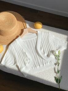 SHEIN EZwear Solid Color Summer Casual Short Sleeve Knitted Cardigan - White - View 6