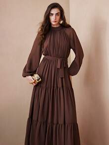 Arave Women's Solid Color Stand Collar Ruched Waist Tie Design Long Sleeve Fashionable Party & Holiday Cake Hem Dress New Year - Brown - View 7