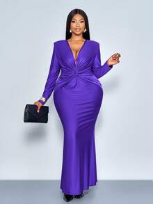 SOLERSUN 大码女式优雅纯色亮面面料前后扭结深V领褶皱长袖紧身性感鱼尾长裙，时尚小众设计气质轻奢连衣裙，简约时尚长裙，适合派对、万圣节、圣诞节、新年、婚礼季、伴娘礼服、节日服装、秋季、冬季穿着。 - 紫色 - 查看 2